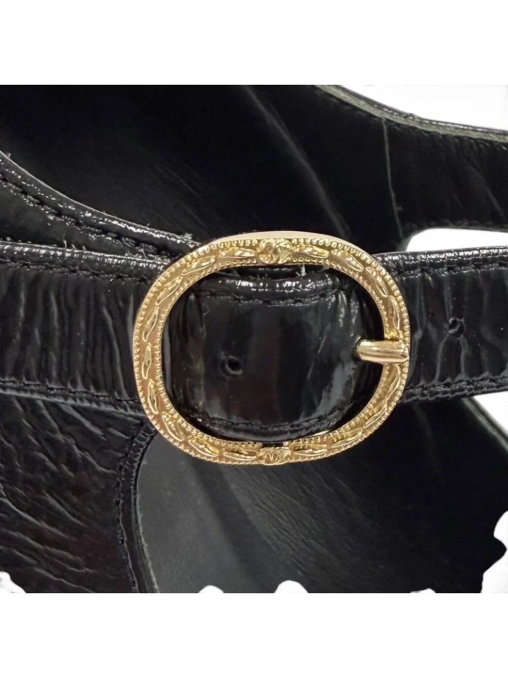 Chanel CC Logo Belt Design Leather Pumps Black Heel